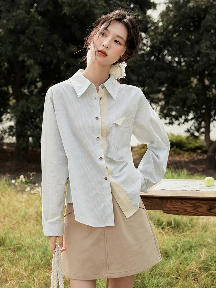 MISHOW Light Blue Striped Cotton Shirt Contrast Placket MXE15C0762