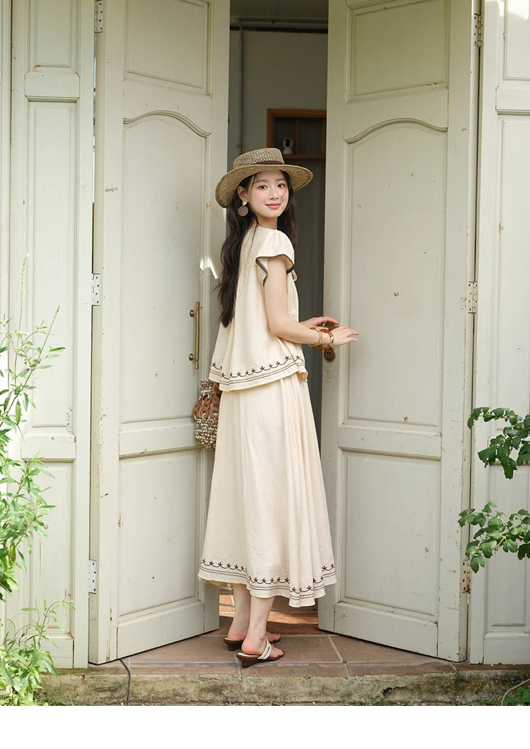 Mishow Embroidery Flying Sleeve Top & Elastic Waist Skirt Set MXE39T0667