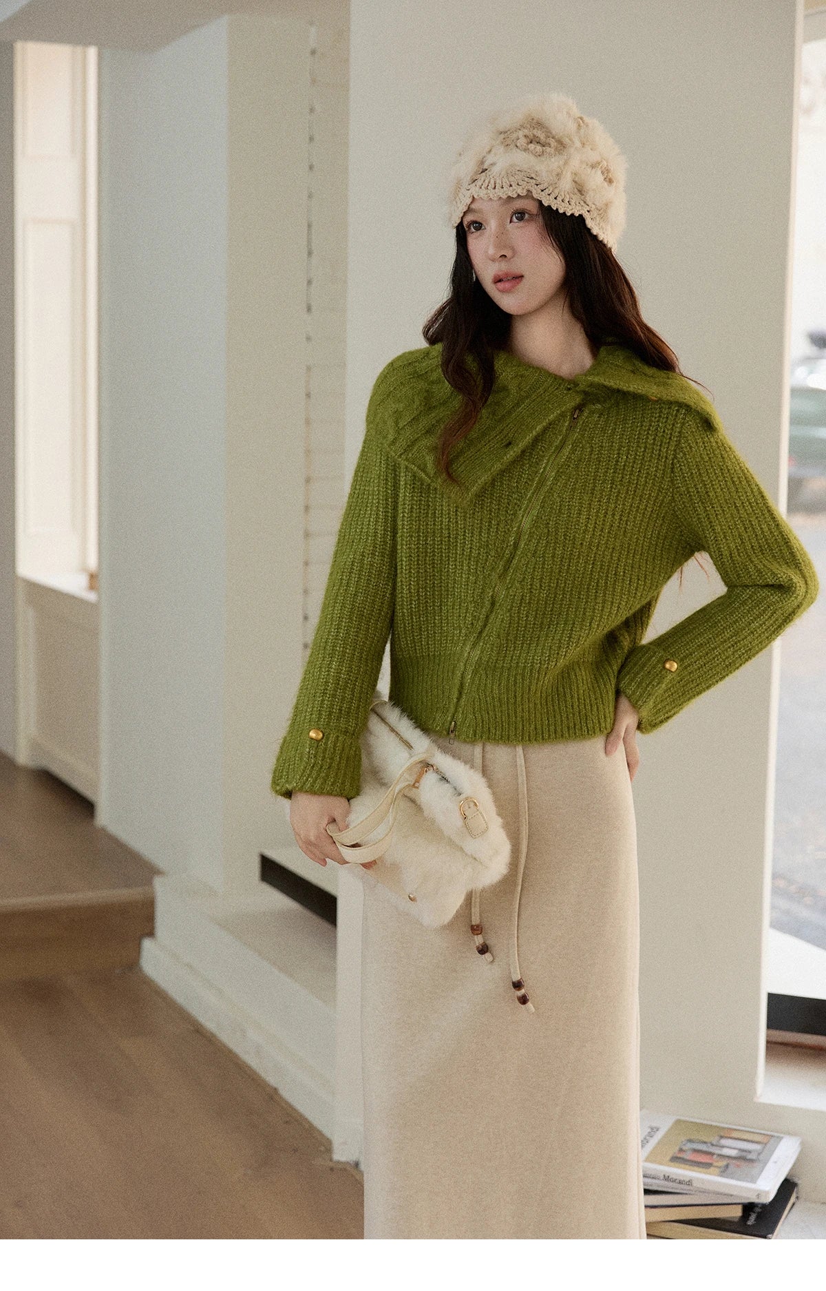 Mishow Green Wool Blend Long-Pile Large Lapel Pullover MXE90Z2760