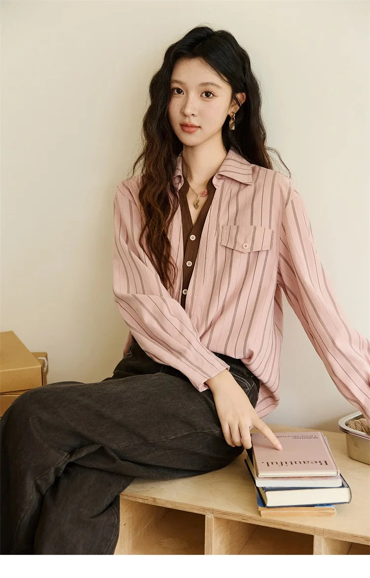 MISHOW Peach Skin Velvet Stripe Shirt Double Layered Collar MXE47C2408