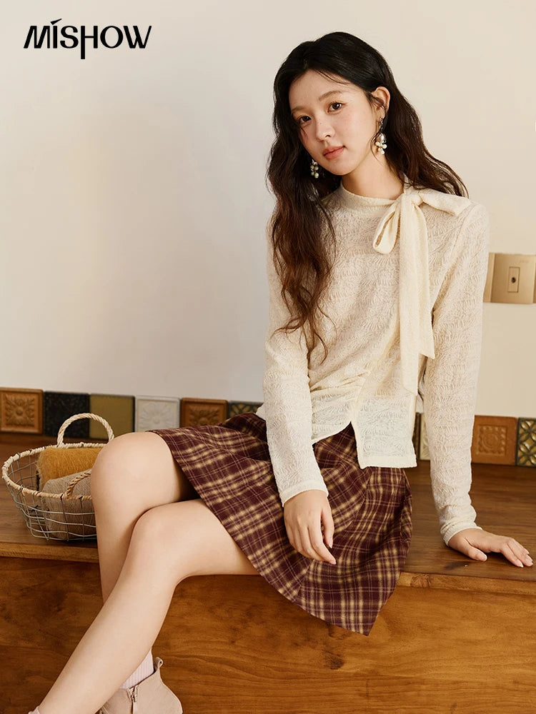 Mishow Apricot Retro Stand Neck Lace Up Bow Top MXE45Z1382