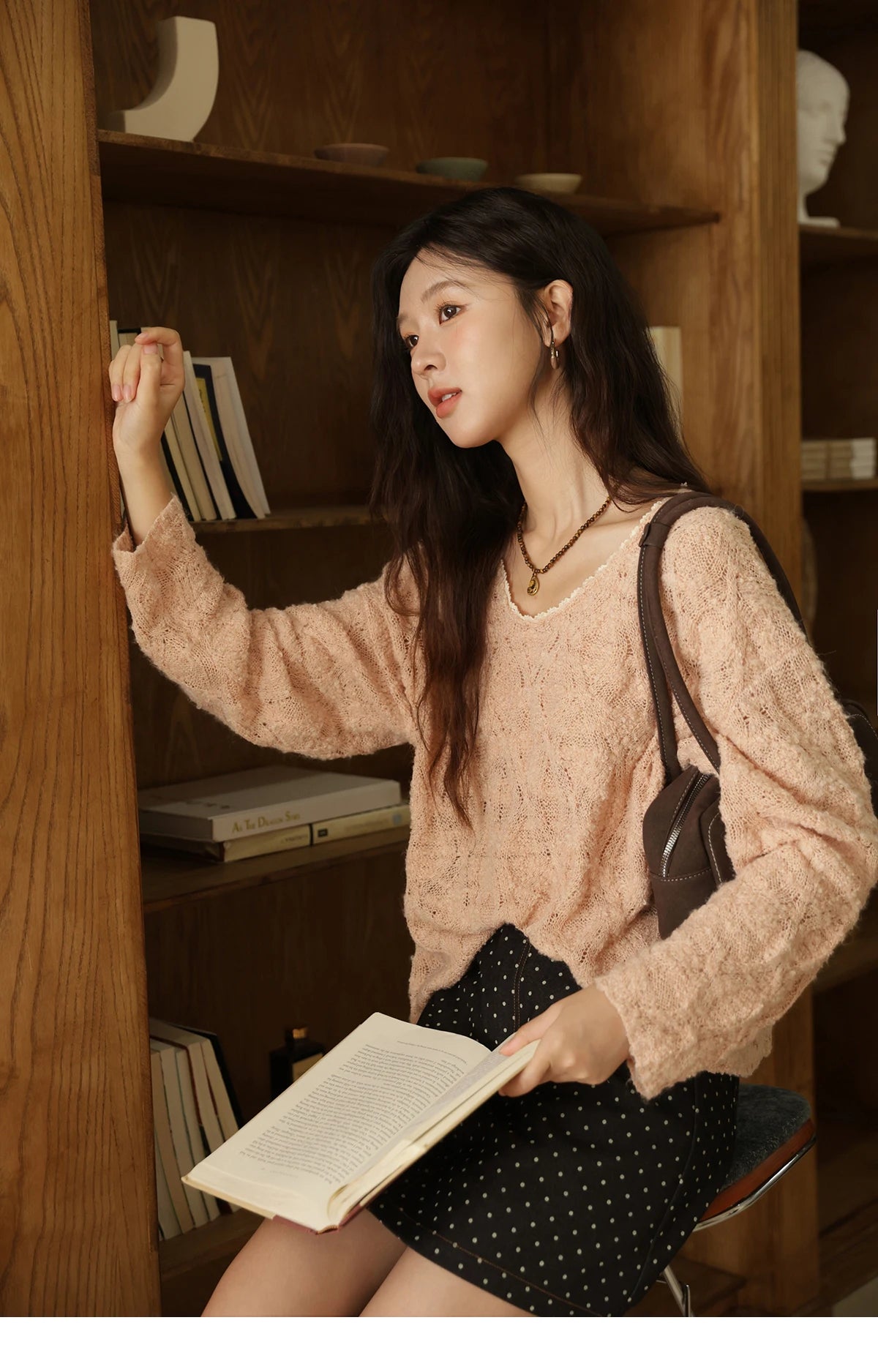 Mishow Bamboo Loop Yarn Hollow V-Neck Lace Sweater MXE43Z1349