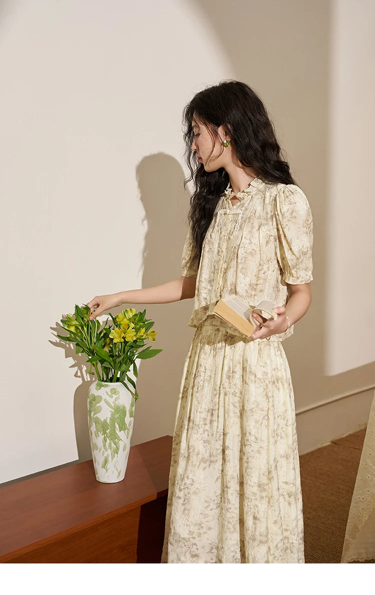 Mishow Chinese Embroidered Puff Sleeve Top & A-Line Skirt Set MXD24X1405