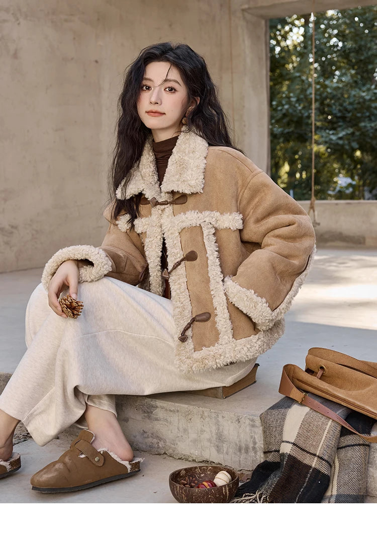Mishow Vintage Cow Horn Button Lamb Wool Coat MXD35W0492