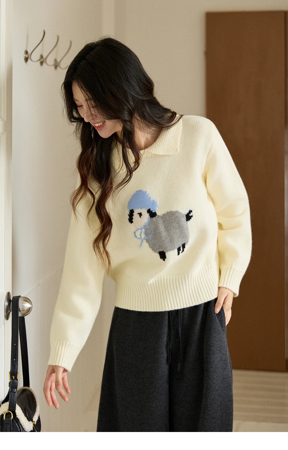 Mishow Beige Sheep Pattern Round Collar Sweater MXE94Z2962
