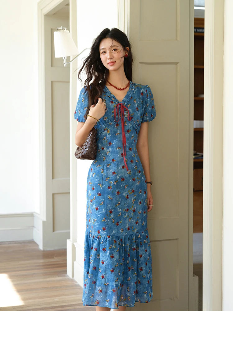 Mishow V-Neck Lace-Up Puff Sleeve Chiffon Dress MXE39L2401