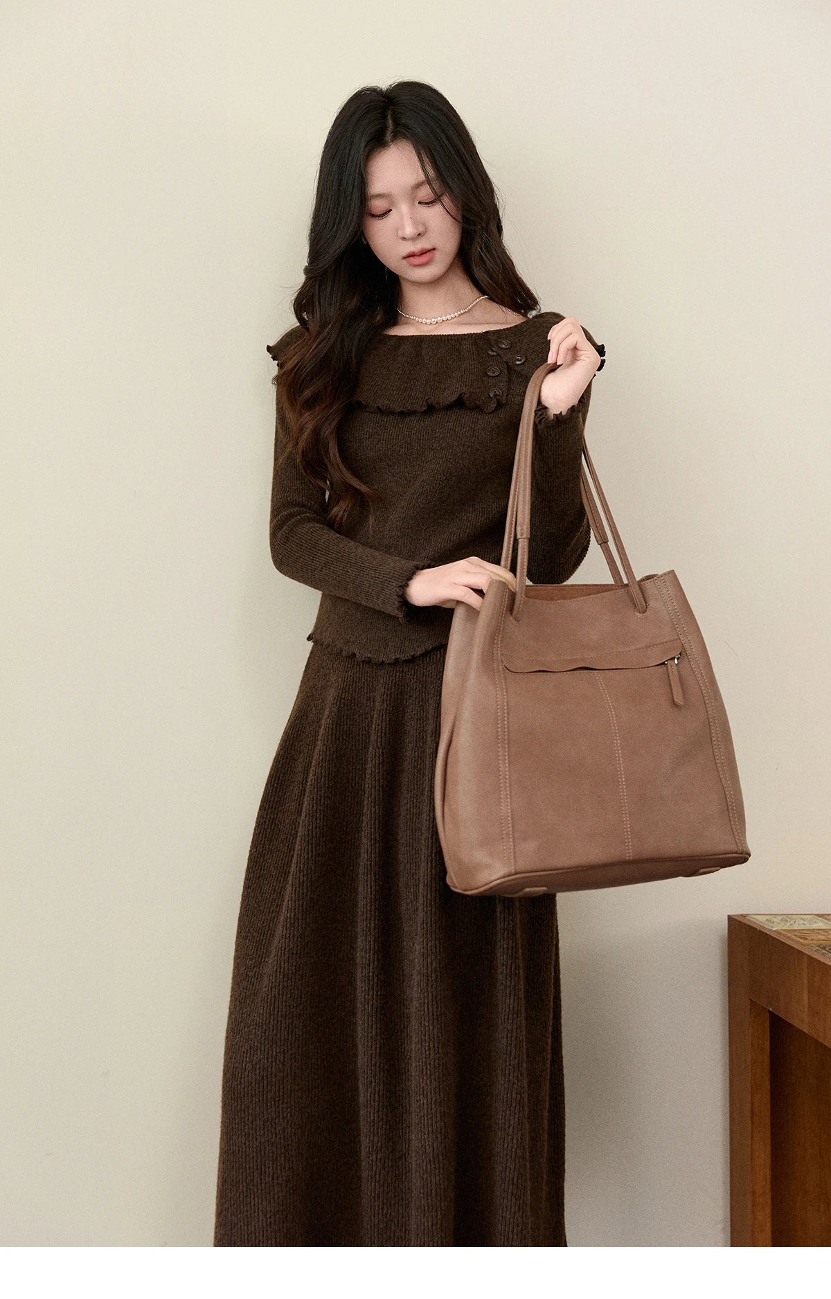 Mishow Coffee Ruffle Boat Neck Top & A-Line Skirt Set MXE93T1455