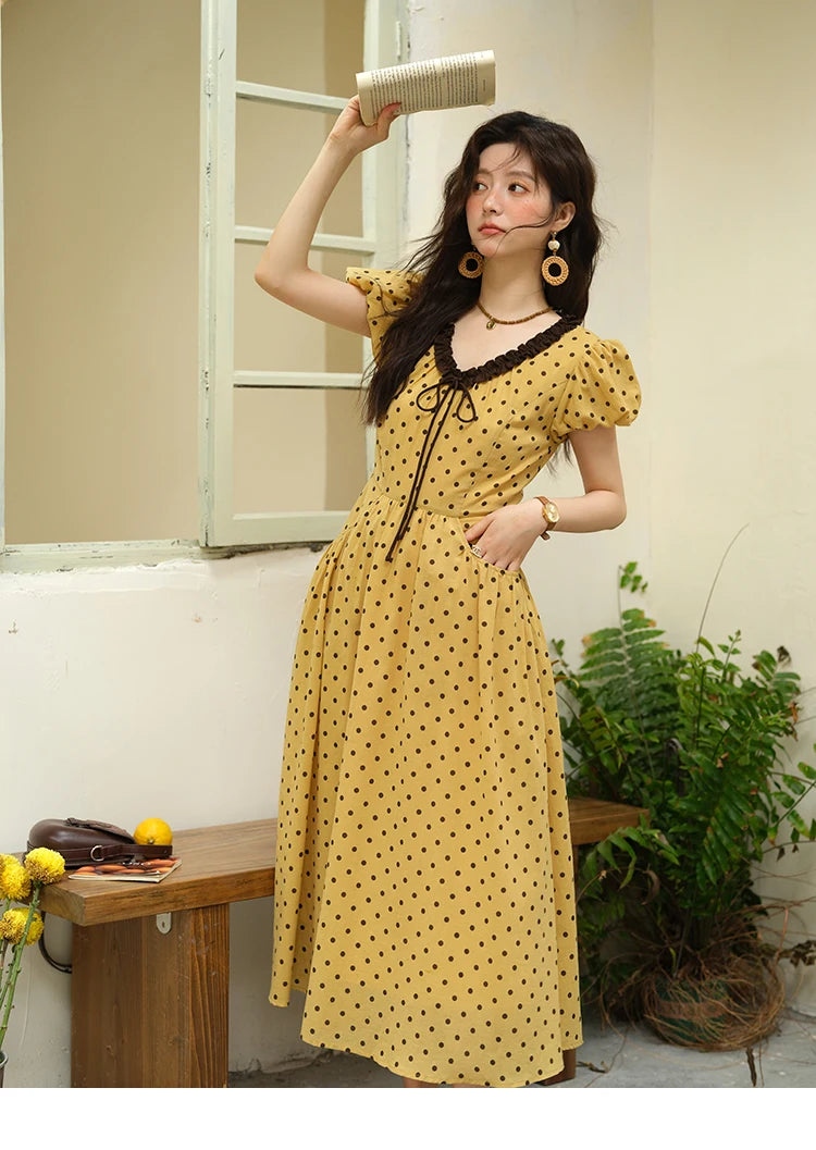 Mishow Polka Dot V-Neck Lace Up Puff Sleeve Dress MXE39L2326