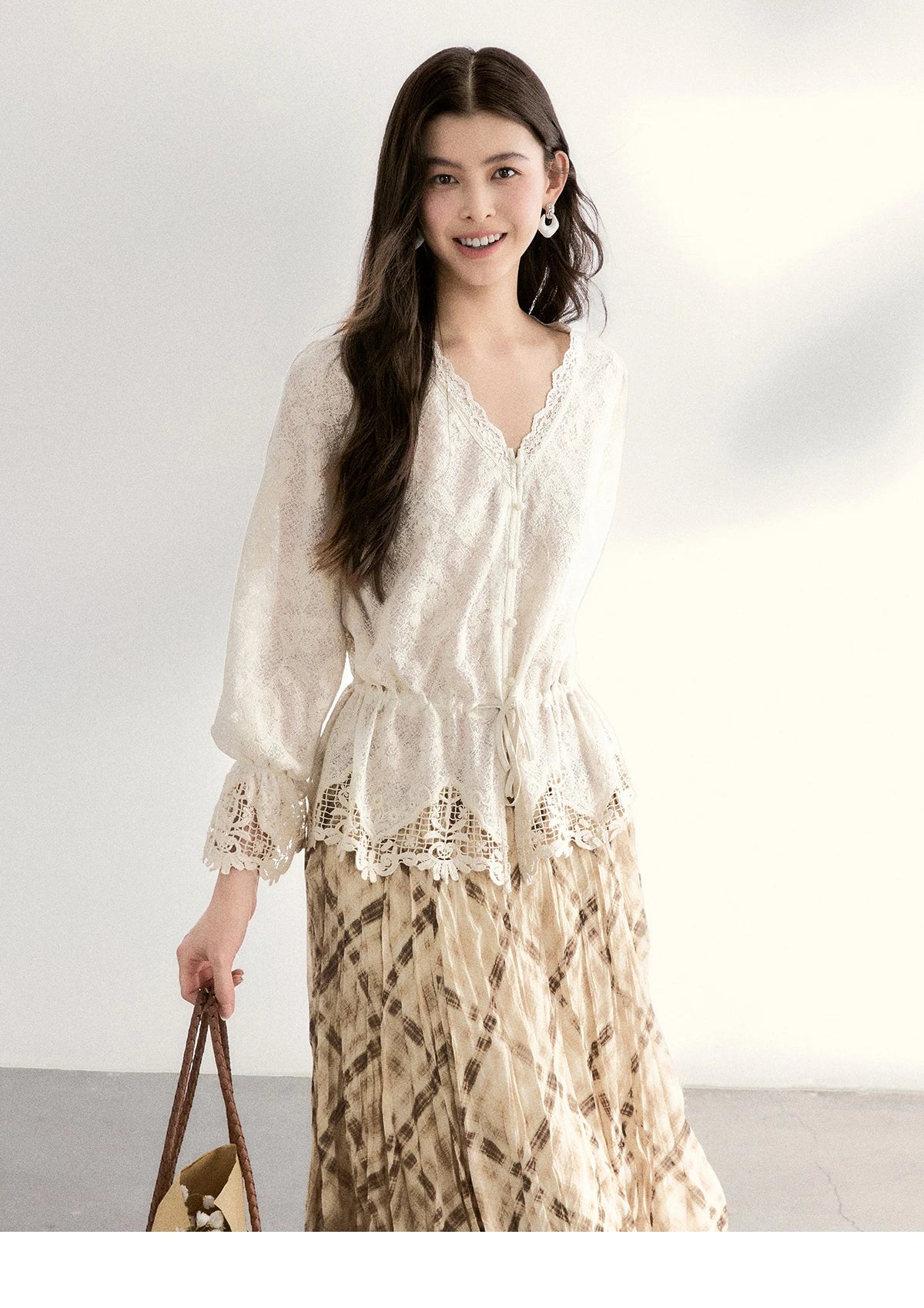 MISHOW Beige Plaid Maxi Skirt High Waist Flowy Elastic MXF108B0769