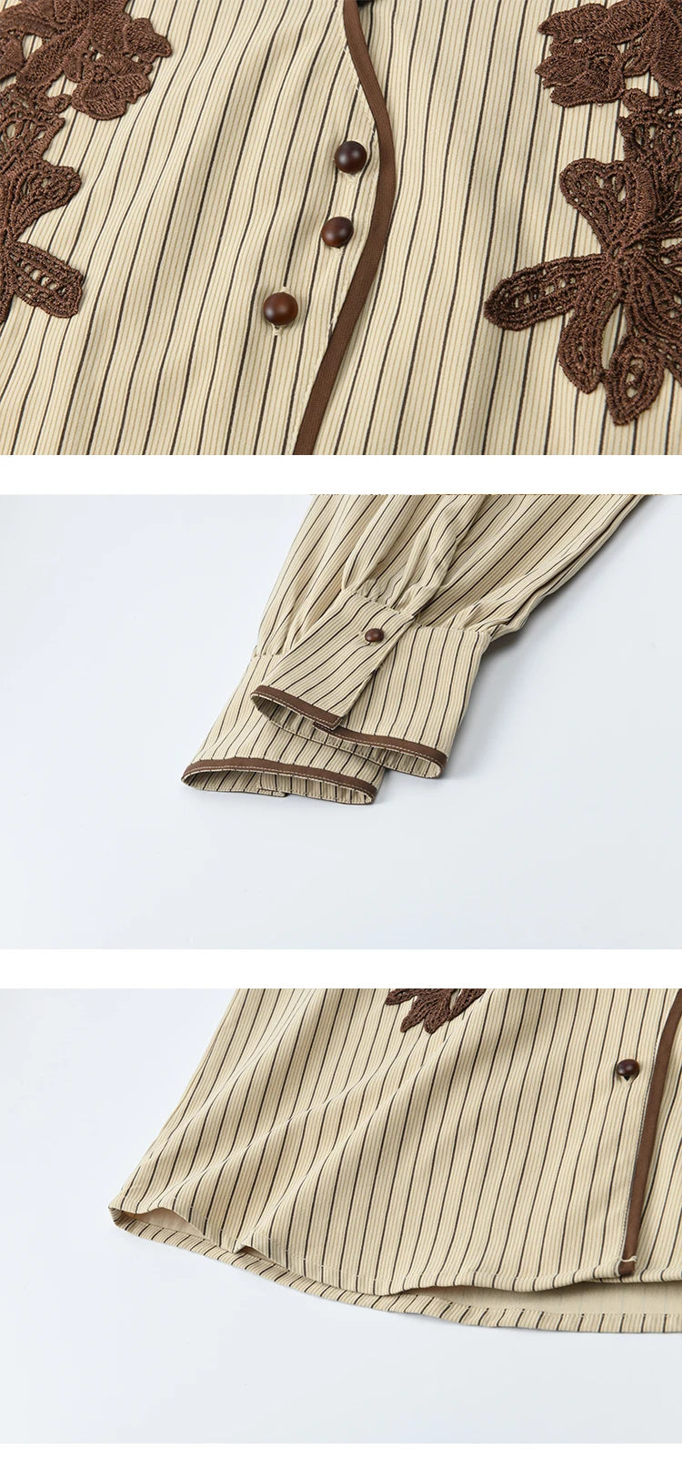 MISHOW Khaki Brushed Striped Shirt Lace Embroidered Asymmetric Placket MXE45C2402