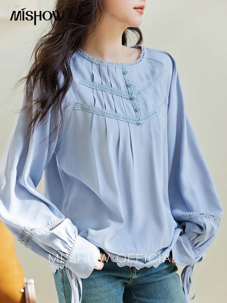 MISHOW Blue Lace Patchwork Shirt Wave Edge Lantern Sleeve MXE14X1716