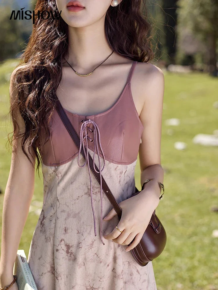 Mishow Leather Patchwork Floral Strap Dress MXD43L2031