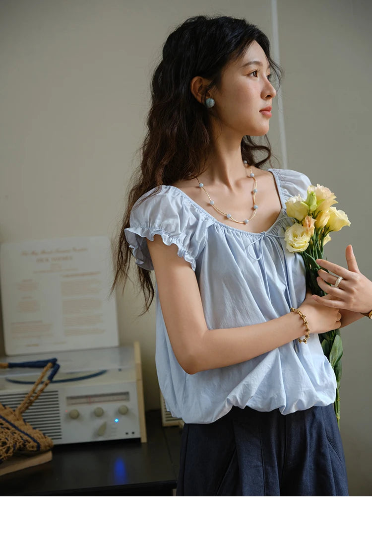 MISHOW Cotton Blouse Puff Sleeve Lace Up O-Neck MXE37X1893