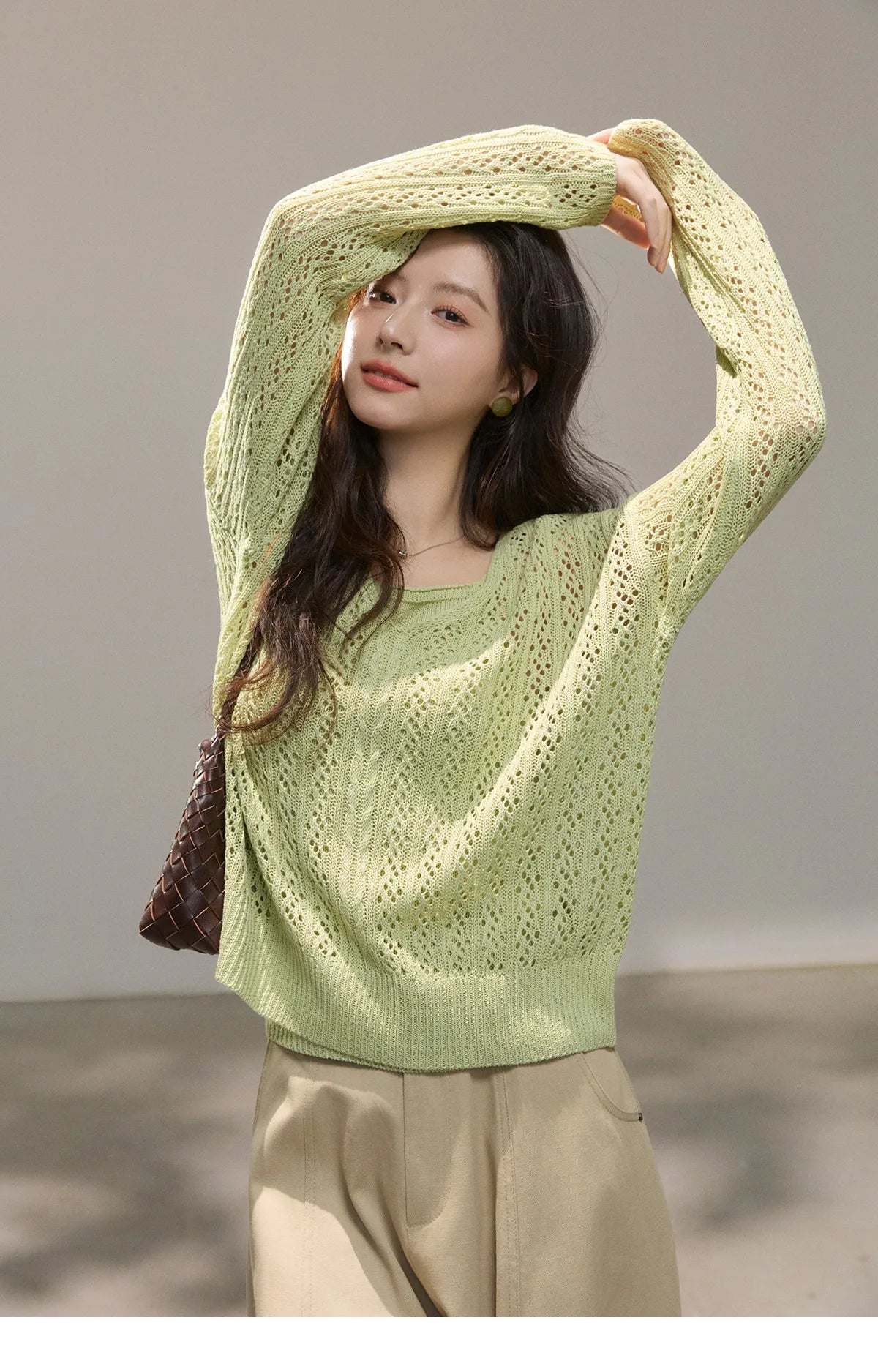 Mishow Green Hollow Cable Knit Top & Camisole Set MXF16T1524