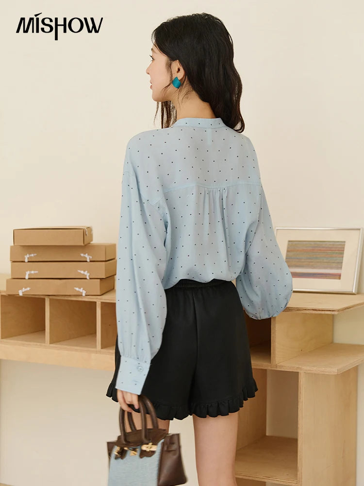 MISHOW Blue Polka Dot Shirt Bow Collar Long Sleeve MXE45X2475
