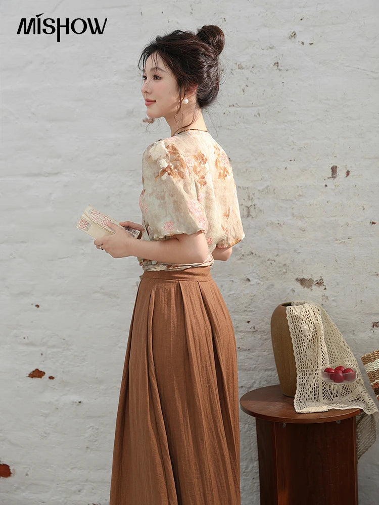 MISHOW French V-Neck Floral Puff Sleeve Blouse MXD28X1619