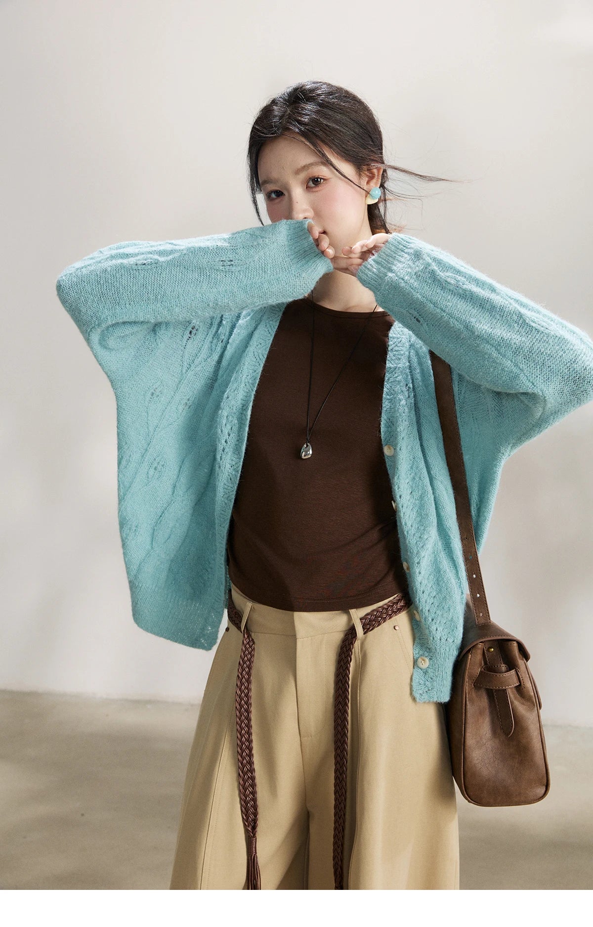 Mishow Blue Hollow Out V-Neck Wool Cardigan MXF13Z2975