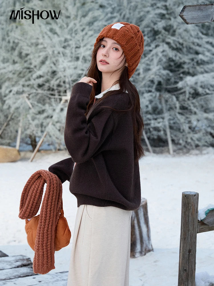 Mishow Retro Arctic Fleece Color Block Cat Sweater MXE90Z2835