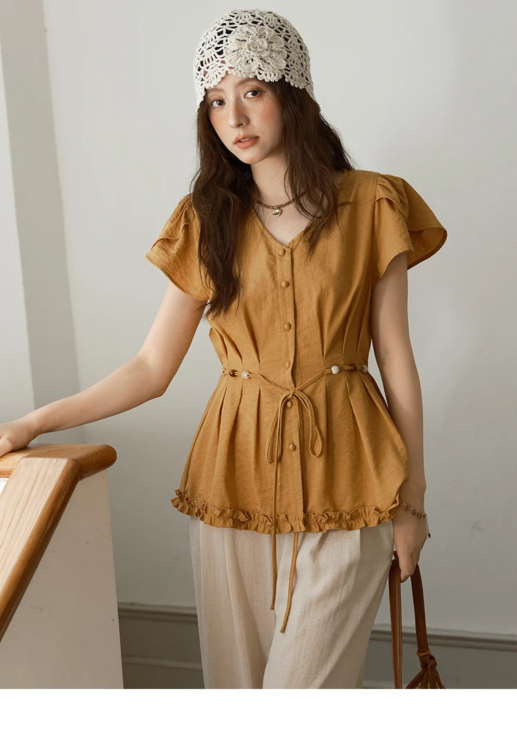 MISHOW Petal Sleeve Slim Shirt V-Neck Bead Belt MXE39X1881