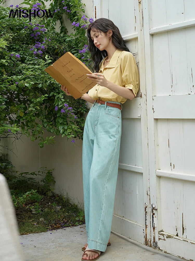 MISHOW Short Sleeve Blouse Lapel Simple Loose Fit MXD28C0247