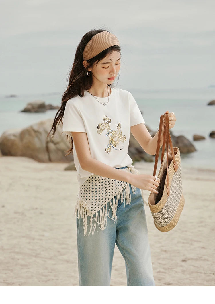 Mishow Cartoon Print Loose Embroidery Tee MXE31T0550