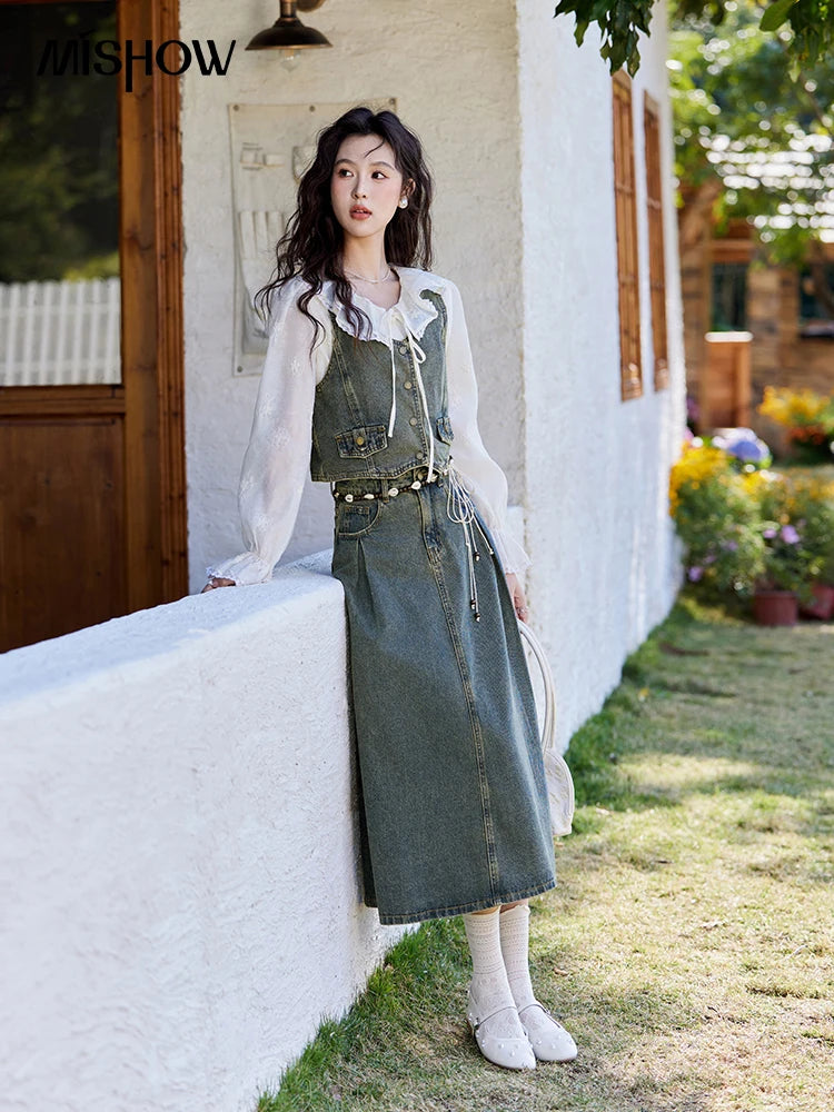 Mishow Korean Denim Vest Coat & Slim A-Line Midi Skirt Set MXE13W0731