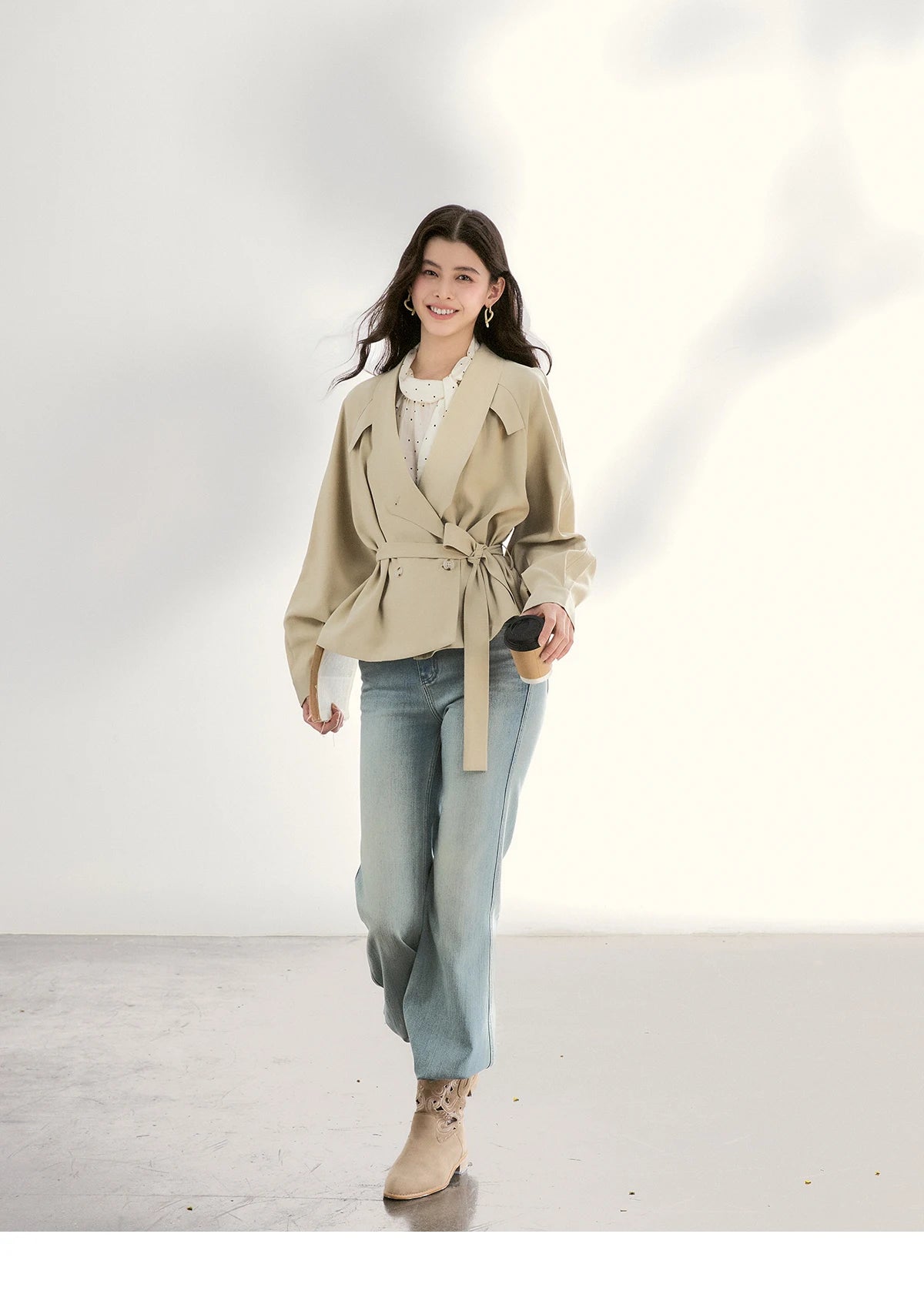 MISHOW Khaki Belted Waist Coat Lapel Double-Breasted Short MXF13W1056