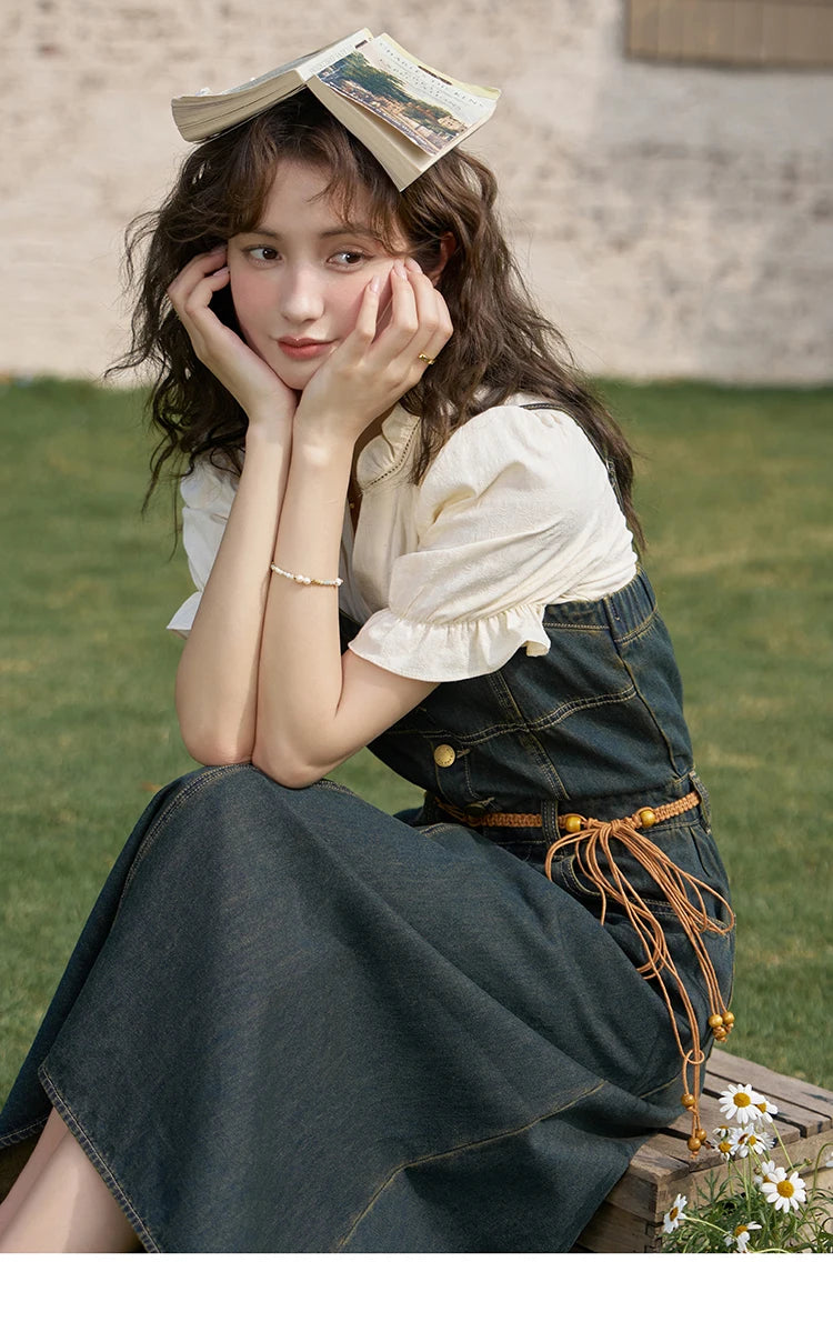 MISHOW Denim Suspender Dress & Puff Sleeve Blouse Set MXD21L1664