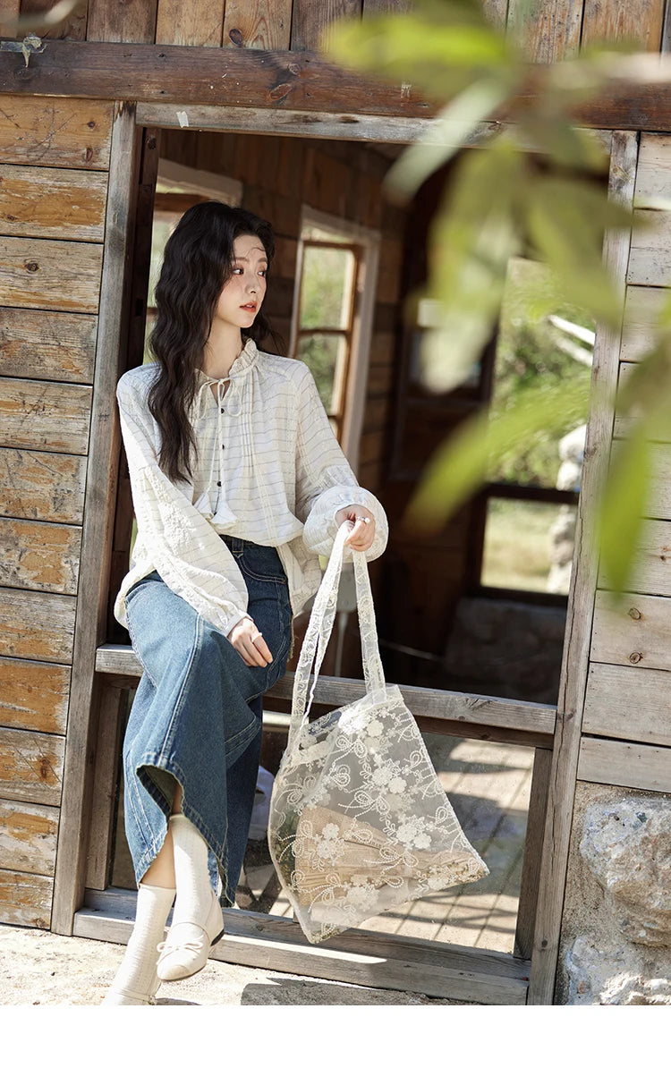 MISHOW French Striped Blouse Lace Collar Chiffon MXE12C0387
