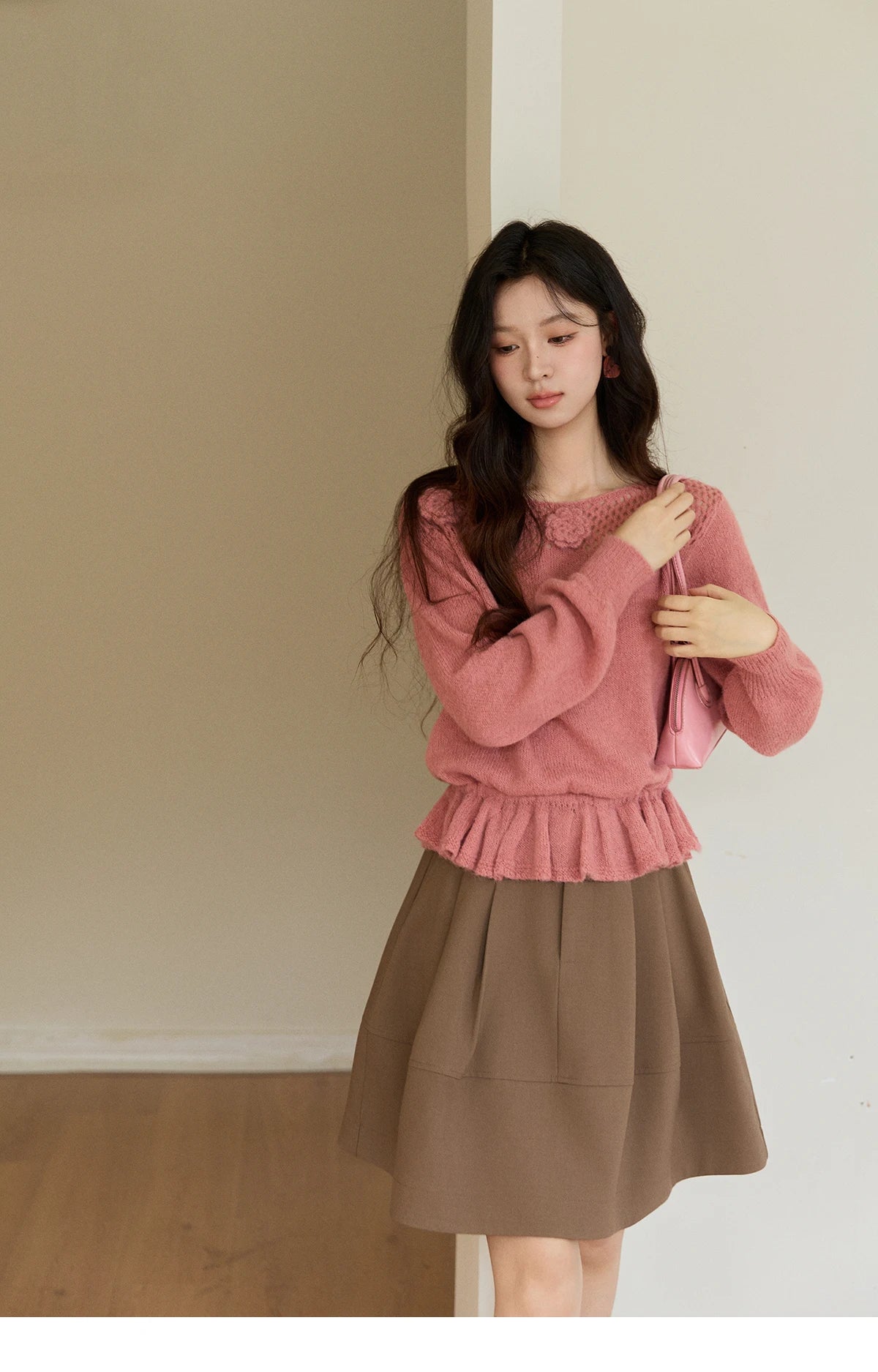 Mishow Pink Hollow Floral Ruffled Hem Sweater MXE94Z2865