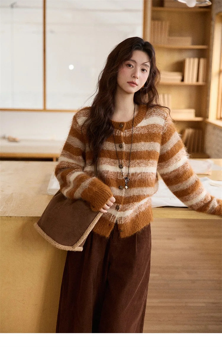 Mishow Retro Striped Round Neck Wool Cardigan MXE87Z2723