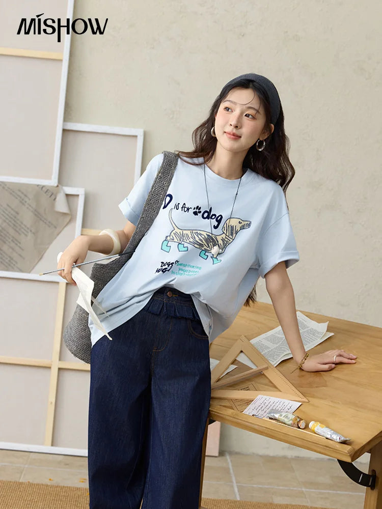 Mishow Flocked Puppy Print Loose Tee MXE33T0542