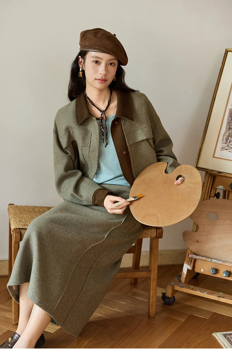 Mishow Contrast Suede Patchwork Wool Coat MXE46W0844