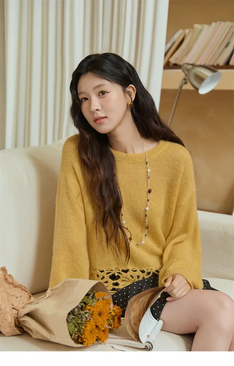 Mishow French Hollow Out Floral O-Neck Sweater MXE44Z2491