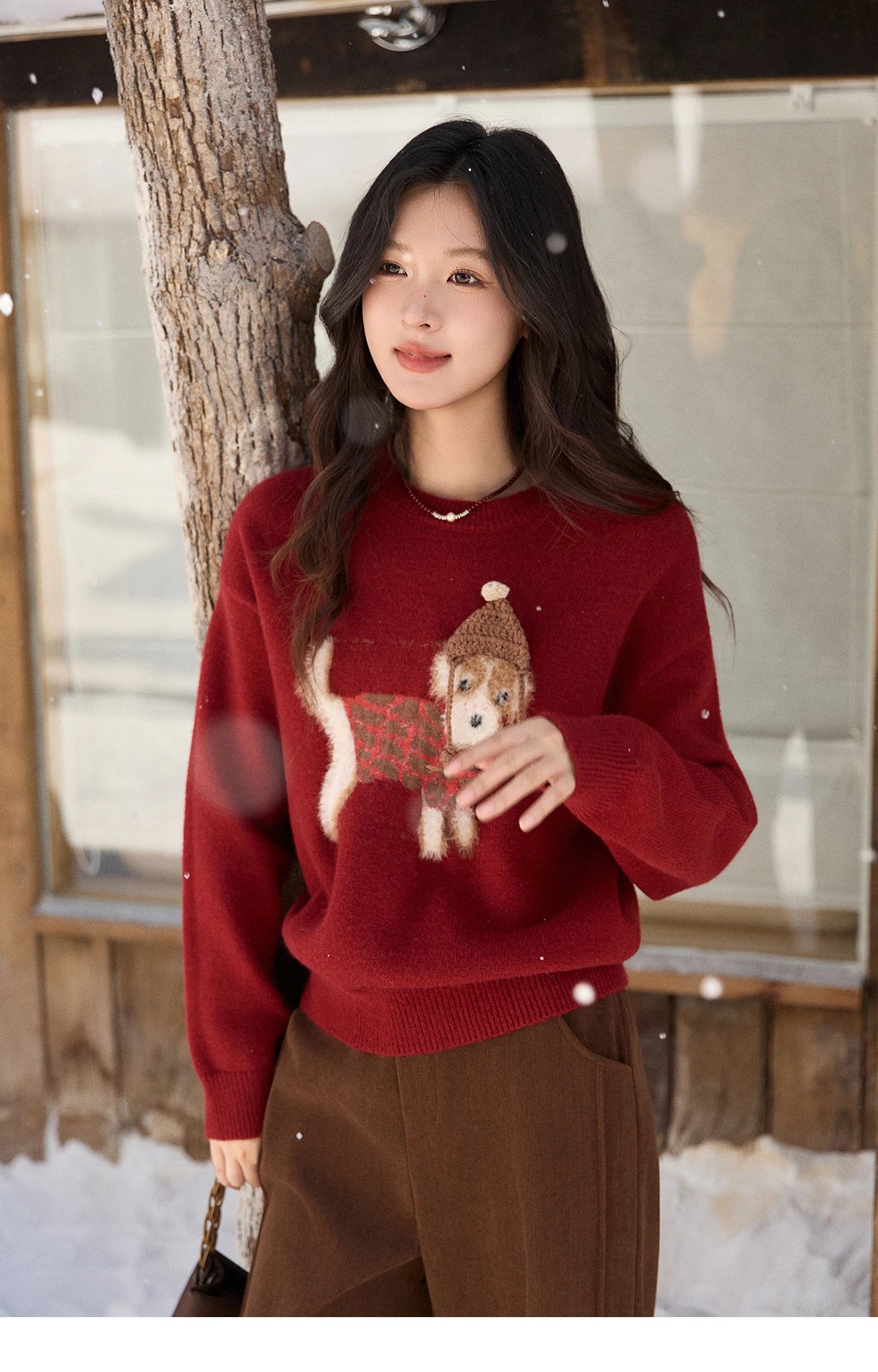 Mishow Red Dog Pattern Crew Neck Sweater MXE93Z2811