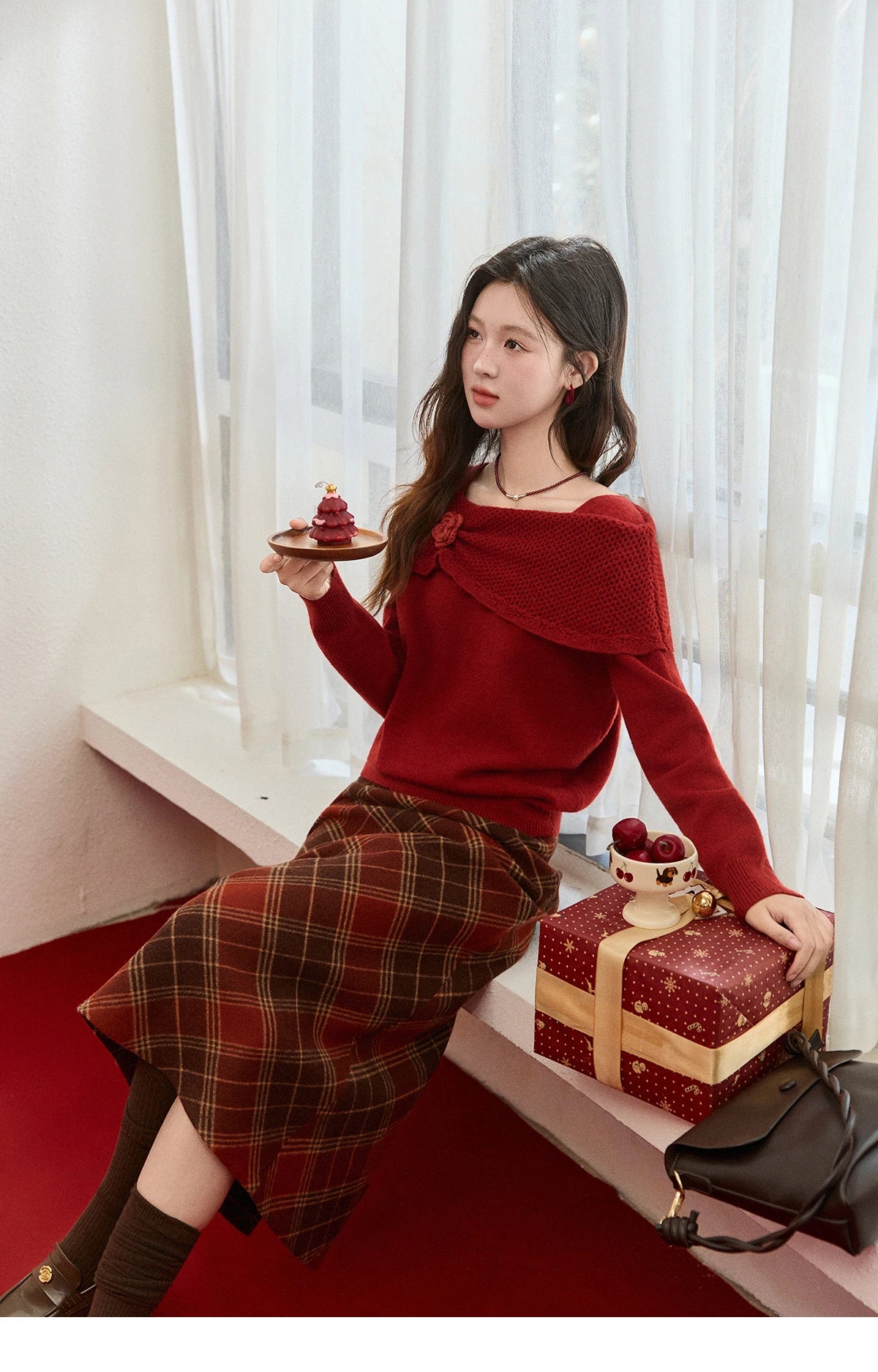 Mishow Christmas Red 3D Flower Alpaca Sweater MXE94Z2889