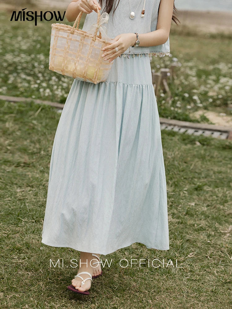 Mishow Sleeveless Round Neck Vest & Solid Midi Skirt Set MXE33T0526