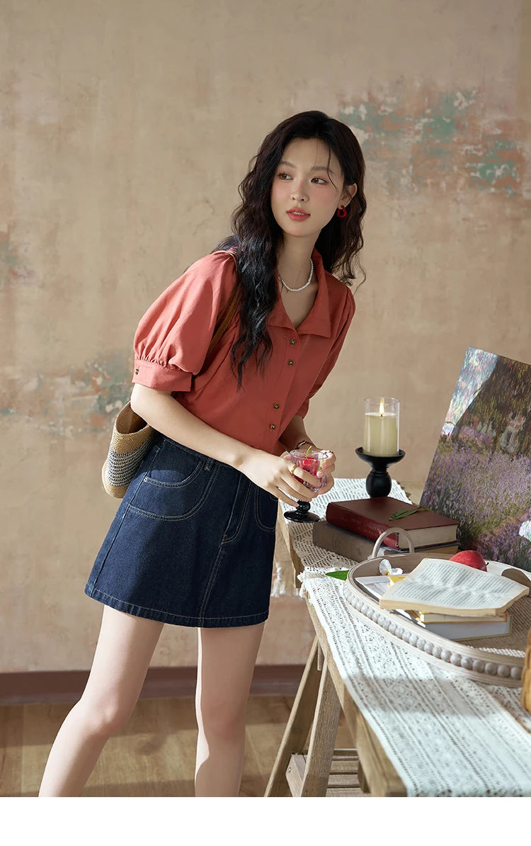 MISHOW Short Sleeve Blouse Lapel Simple Loose Fit MXD28C0247