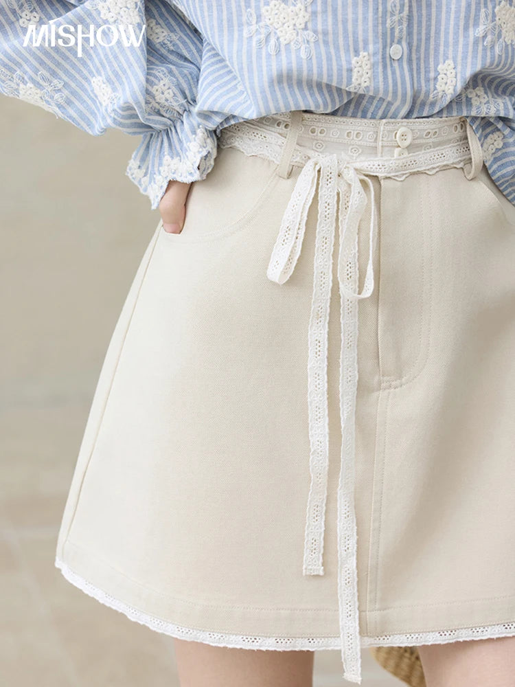 Mishow Solid Lace Belt High Waist A-Line Skirt MXE32B0711