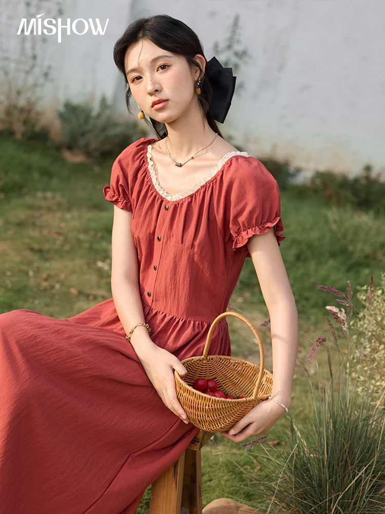 Mishow French Puff Sleeve Lace Neck Long Dress MXE35L2297