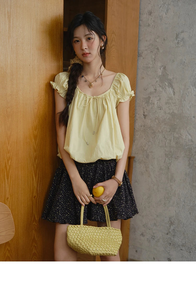 MISHOW Cotton Blouse Puff Sleeve Lace Up O-Neck MXE37X1893