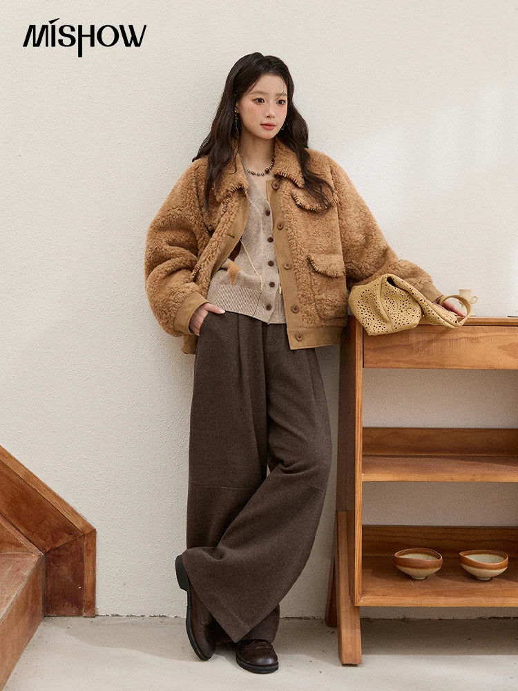 MISHOW Faux Lambskin Coat Turn-Down Collar Brown Loose MXE89W0896