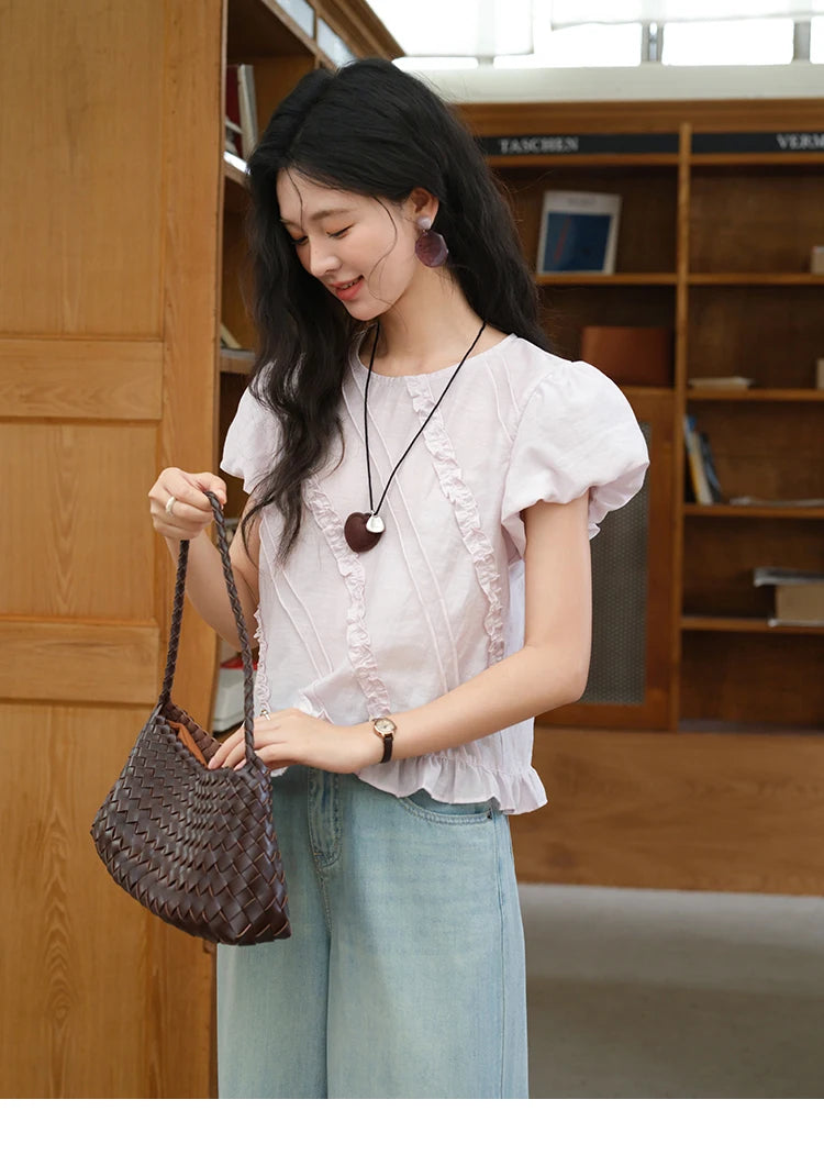 MISHOW Fungus Edge Puff Sleeve Blouse O-Neck Loose MXE39X1941