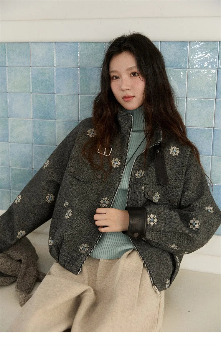 MISHOW Wool Blend Jacket Small Flower Embroidery Turtleneck Zipper MXE86W0906