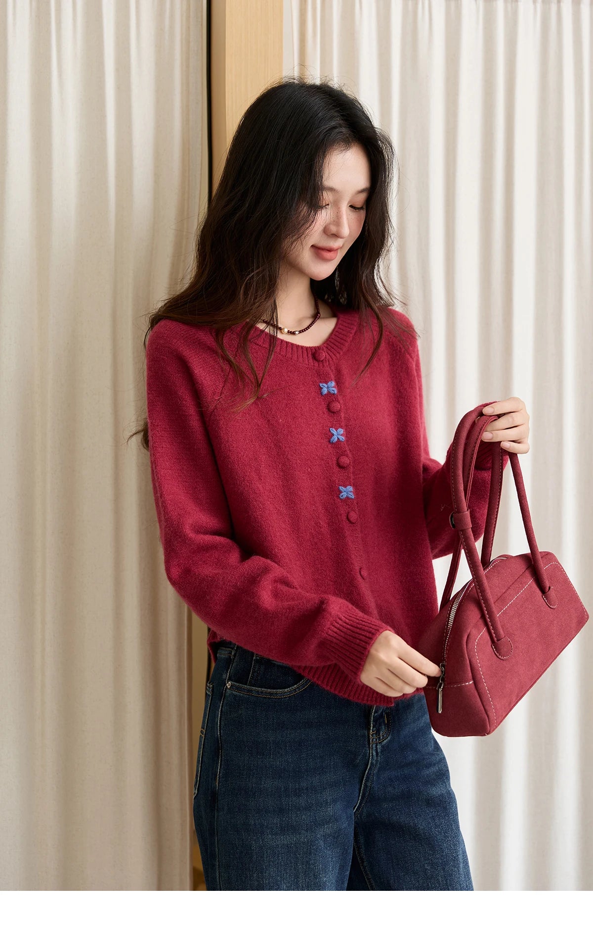 Mishow Red Round Neck Embroidered Cardigan MXE47Z2621