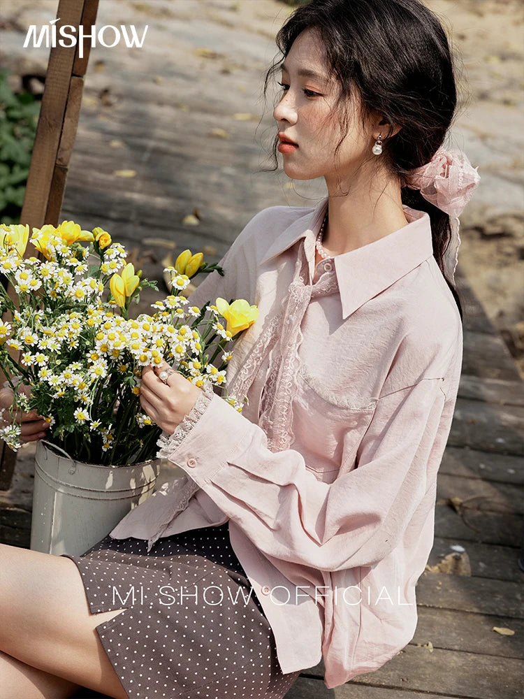 MISHOW Lace Trim Blouse Turn-Down Collar MXE16C0760