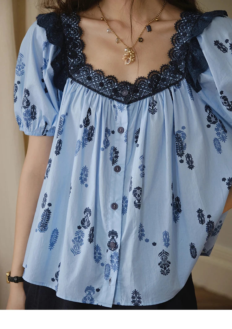 MISHOW Print Cotton Shirt Puff Sleeve Lace Splicing MXE35X1842