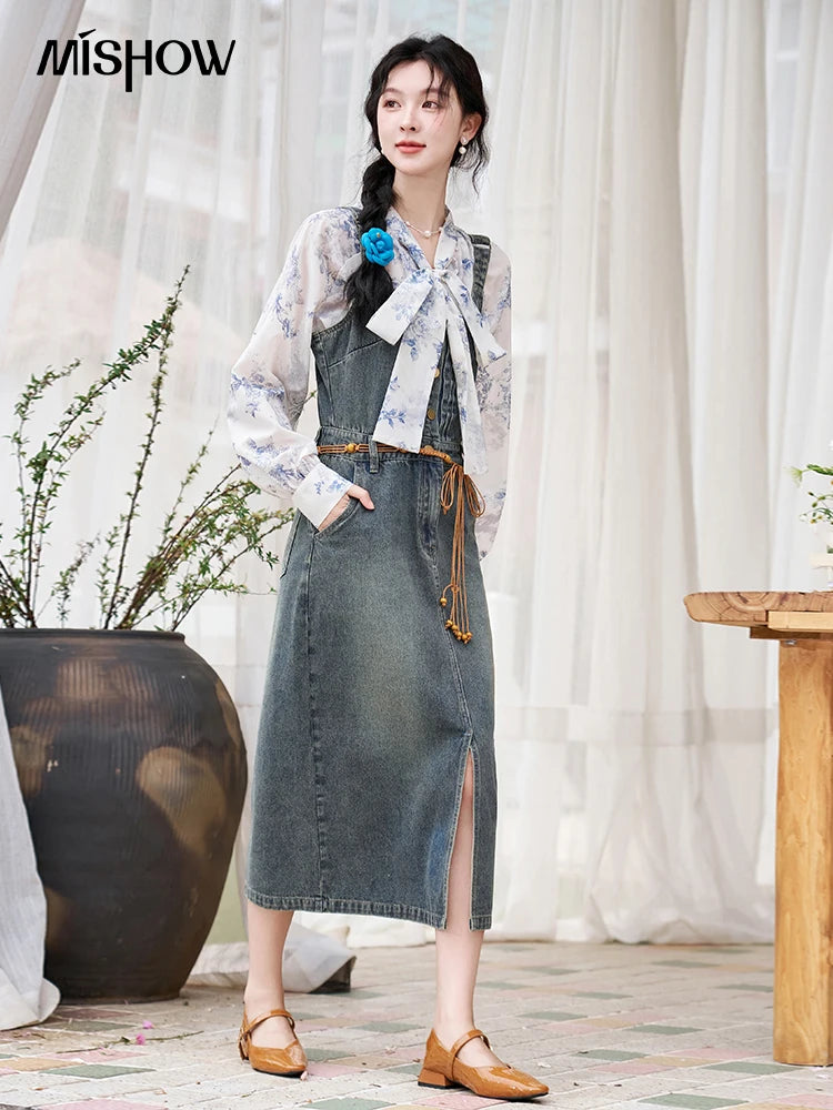 MISHOW Retro Denim Strap Pocket Midi Dress MXD14L1817