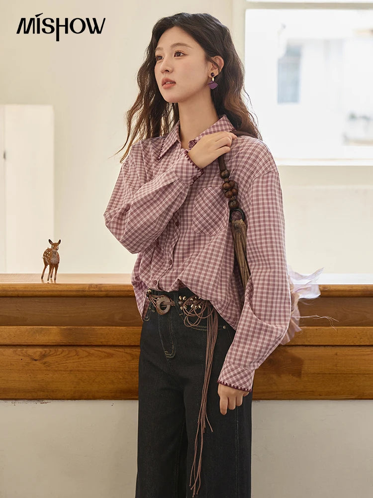 MISHOW Purple Plaid Shirt Contrast Embroidery Pocket MXE44C2394