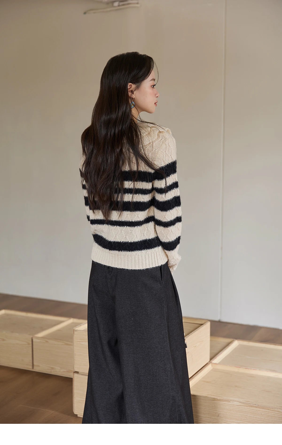 Mishow Striped Asymmetrical Ruffled Cardigan MXE51Z2633